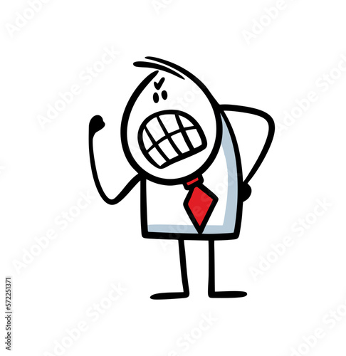 Doodle evil businessman in an office suit shouts and scolds subordinates, threatens them with his fist.