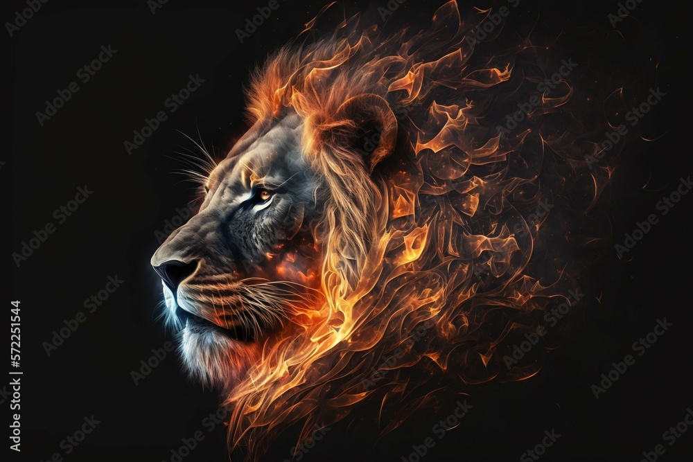 Naklejka premium King Lion fire portrait. Generative AI