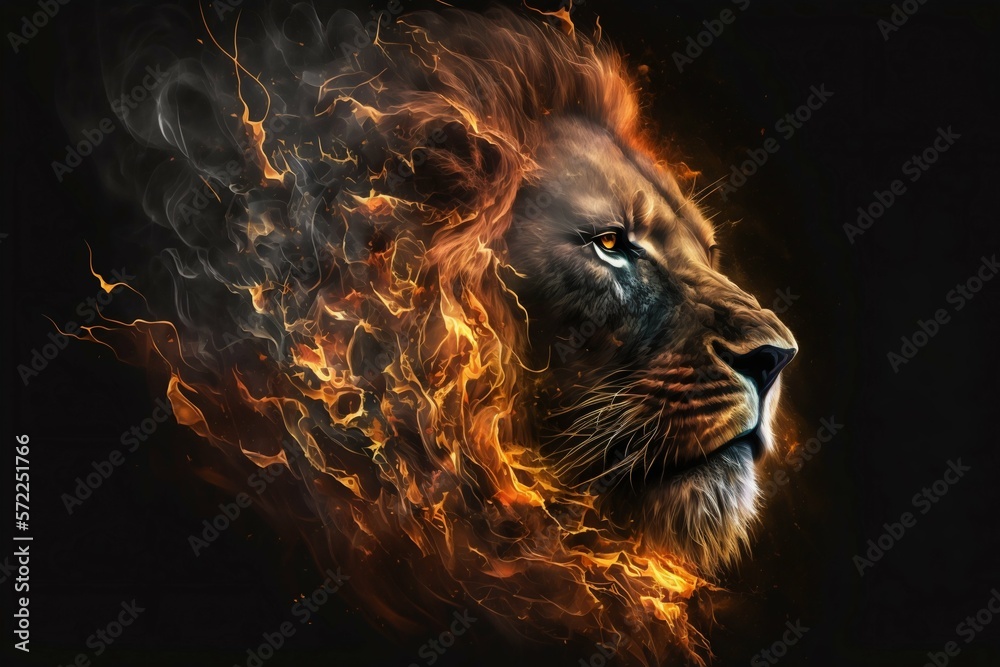 Naklejka premium King Lion fire portrait. Generative AI