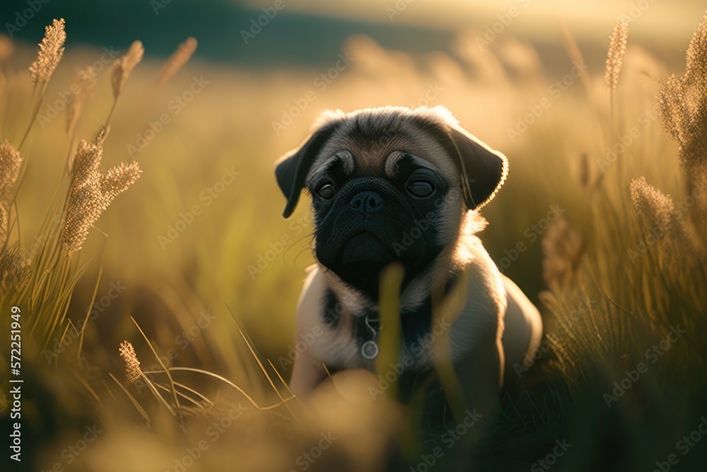 pug on a sunny day in close-up in a field in the background, Generative AI