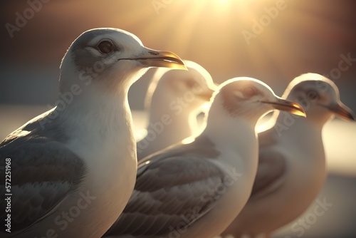 Group of gull Birds in the sky with sun footage. Close-up of gull Birds. Unick video footage of nature. photo