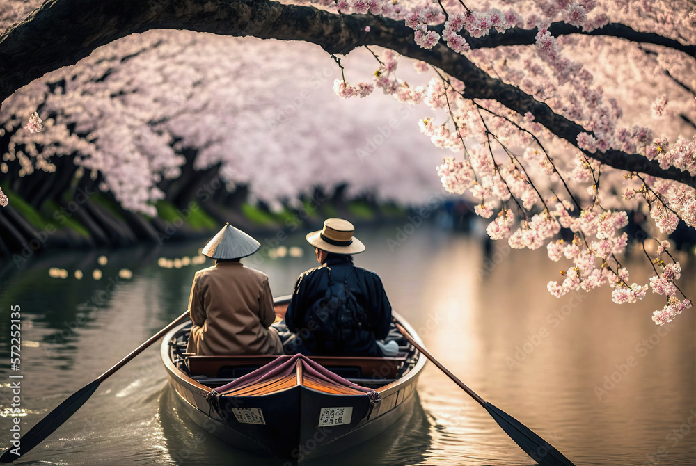 Two people in a Japanese kasa hat are sailing on a wooden boat with oars on the river during the sakura (cherry blossom) season, beautiful sakura flowers festival, japan. AI