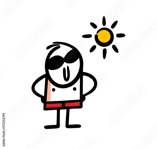 Funny stickman in swimming trunks and sunglasses enjoying sunny weather on the beach near swimming pool.