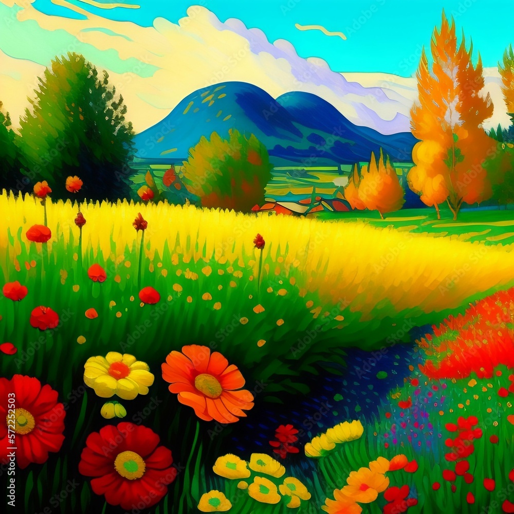 Beautiful landscape in the countryside with fields, hills, trees, and colorful flowers, created with Generative AI technology