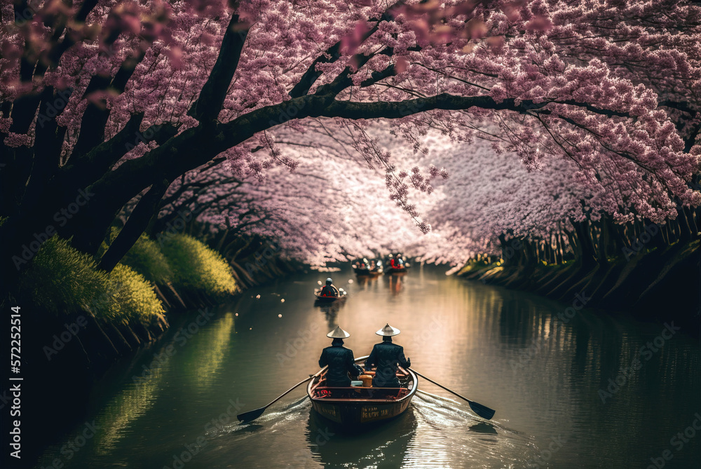 Φωτογραφία Two people in a Japanese kasa hat are sailing on a wooden boat with oars on the river during the sakura (cherry blossom) season, beautiful sakura flowers festival, japan