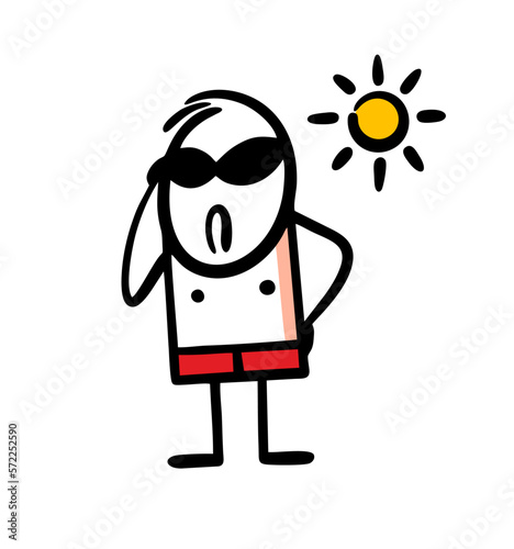 Cool undressed in sunglasses on the beach under the hot sun.