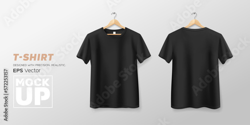 Black t shirt front and back mockup hanging realistic collections, template design, EPS10 Vector illustration.
