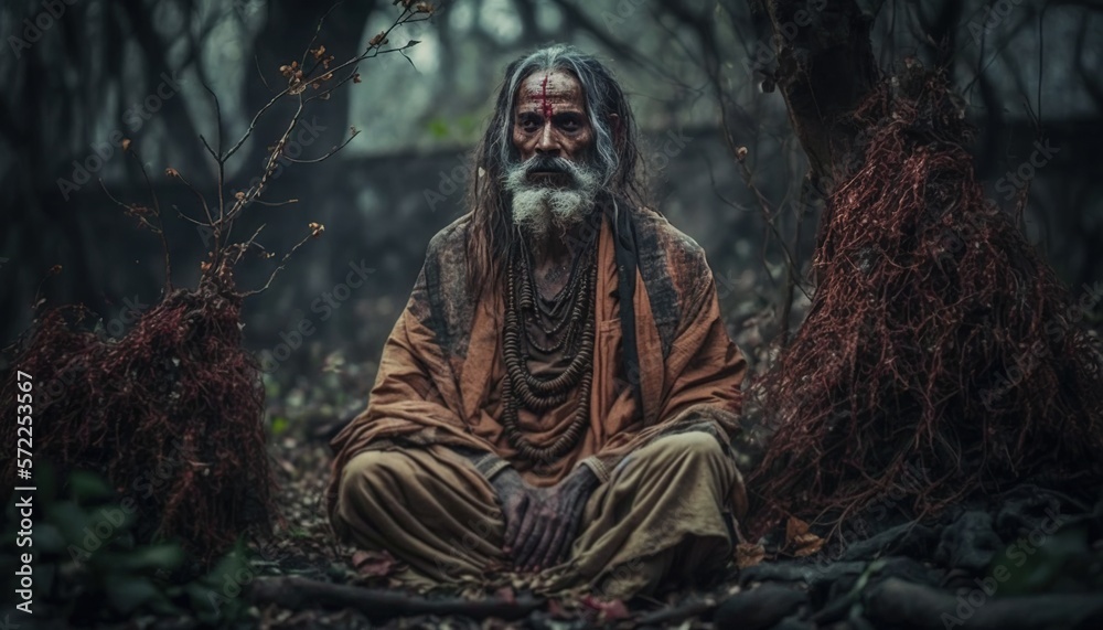 Old sadhu yogi sitting in a jungle forest.Guru of yoga illustration generative ai Old sadhu yogi sitting in a jungle forest.Guru of yoga illustration generative ai