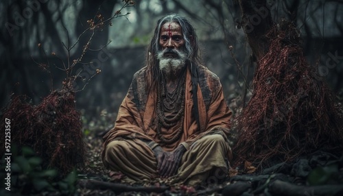 Old sadhu yogi sitting in a jungle forest.Guru of yoga illustration generative ai 