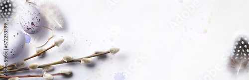 Photography Easter banner background with Easter eggs and spring flowers