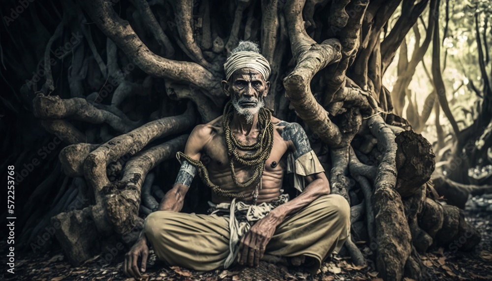 Old sadhu yogi sitting in a jungle forest.Guru of yoga illustration generative ai	