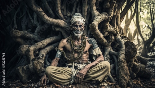 Old sadhu yogi sitting in a jungle forest.Guru of yoga illustration generative ai	 photo