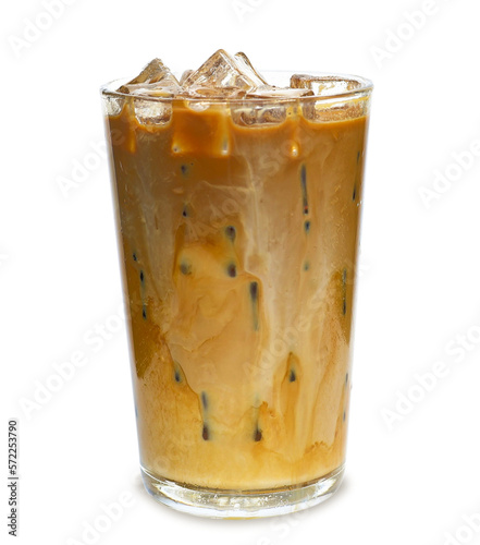 Close up  iced coffee with milk , straw in tall glass isolated clean cut clipping path on white background.