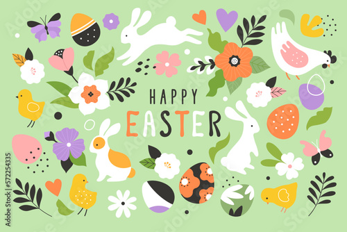 Easter design collection. Vector cartoon illustration in a modern flat simplified style of rabbits, flowers, chickens, and Easter eggs creates a trendy pattern. Isolated on light green background © nadzeya26