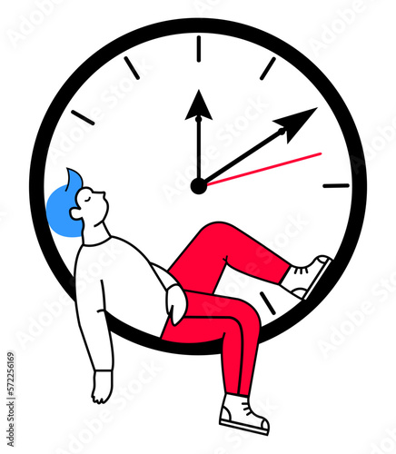 Man sleeps tired sitting on the clock. The man is waiting. Clock, clock hands. Afternoon nap. Vector graphics. White background.
