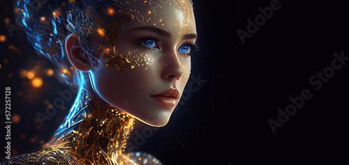 A humanoid cyber girl with a neural network thinks. Gold robot woman or humanoid cyber girl. Artificial intelligence with a digital brain is learning to process big data. Generative Ai