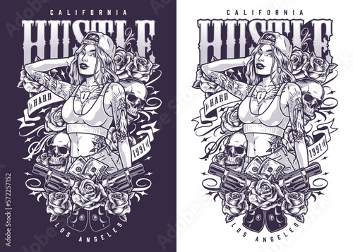 Hustle California woman flyer monochrome