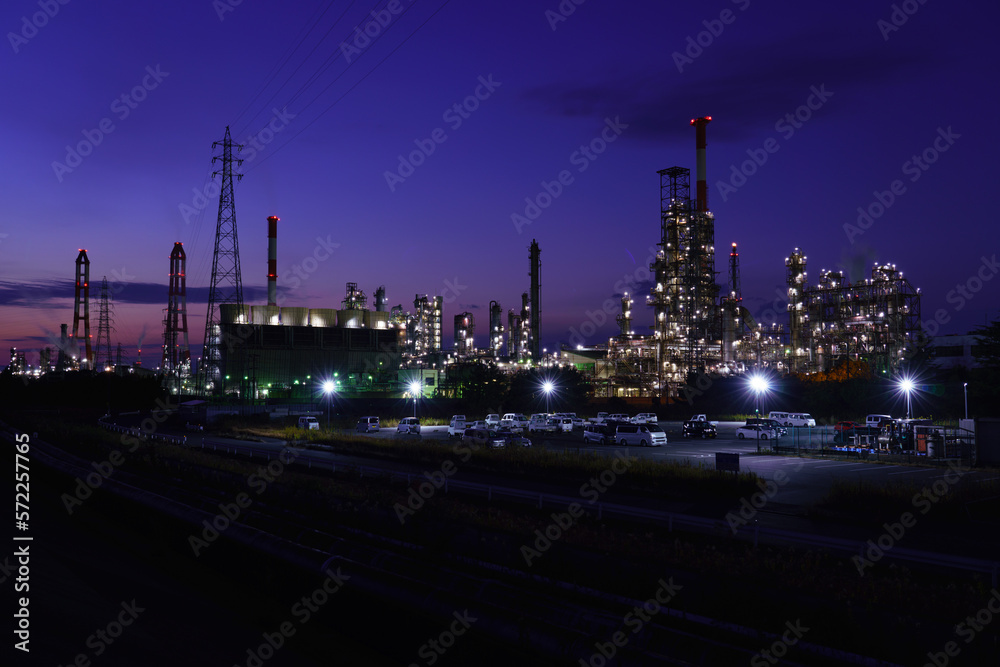 The petrochemical complex at Yokkaichi Port, Yokkaichi city, Mie prefecture, Japan at magic hour.	