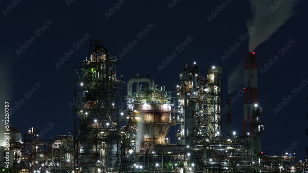 The petrochemical complex at Yokkaichi Port, Yokkaichi city, Mie prefecture, Japan at night.