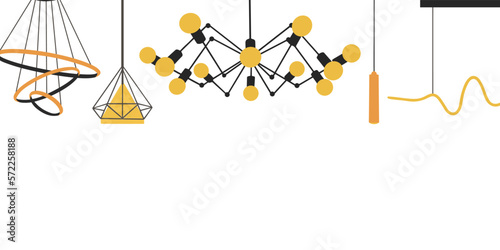 Web banner with chandeliers and lamps in flat  style isolated on white background. Chandeliers, illuminator, flashlight - elements of a modern interior concept with empty space. Vector