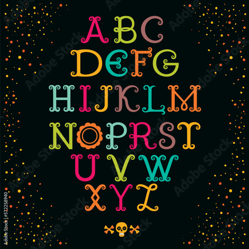 Vintage decorative handcrafted font named "Dia de los Muertos". Hand drawn font for your business, greetings cards, poster, a party