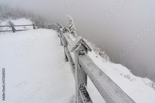 Snow covered fence on a mountain trail