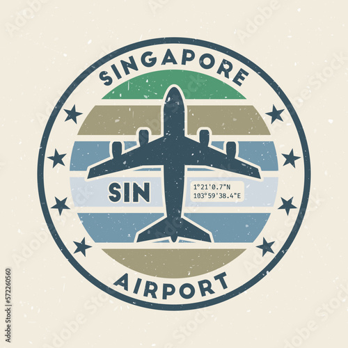 Singapore airport insignia. Round badge with vintage stripes, airplane shape, airport IATA code, and GPS coordinates. Stylish vector illustration.