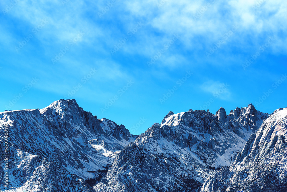 Blue sky over the Mt. Whitney covered with snow