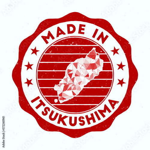 Made in Itsukushima. Island round stamp. Seal of Itsukushima with a border shape. Vintage badge with circular text and stars. Vector illustration.