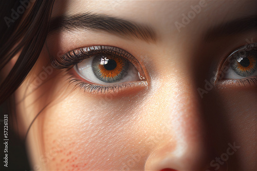 Close up photo of a an asian looking woman with intens eyes and eyebrow, illustration Generative Ai