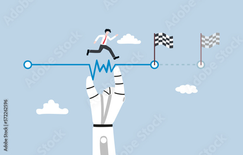 Work faster with AI technology assistance, automating repetitive tasks, analyzing data more quickly, augmenting human capability concept, Robotic hand helping to shorten distance to reach finish line.