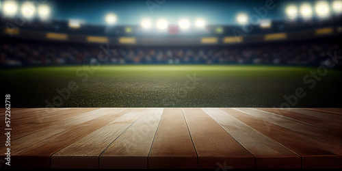 Empty wooden table top product display showcase stage with large sports stadium background. Generative ai © ink drop