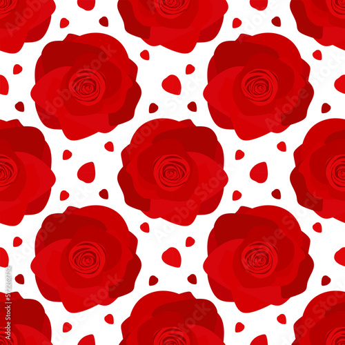 Red rose seamless pattern on white background. Rose flowers with petals for print in Happy mother day, womens day, girls birthday, Valentines day. Gift box paper, wallpaper etc. Vector illustration