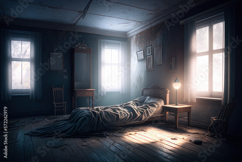 interior of an abandoned bedroom created with Generative AI technology