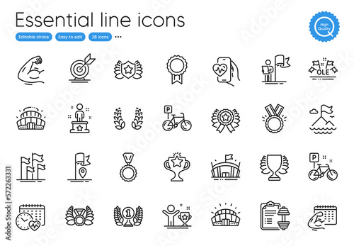 Bike, Flag and Arena line icons. Collection of Fitness calendar, Victory, Medal icons. Winner ribbon, Arena stadium, Dumbbell web elements. Leadership, Winner, Laureate medal. Strong arm. Vector