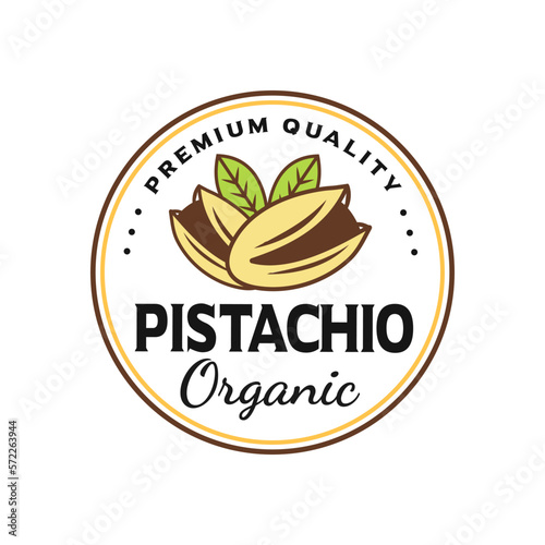 Pistachio Nut Emblem Design with leaf symbol, logo template. Pistachio seeds with shell, vector design. Vegetarian and organic, natural food and nutrition, design illustration