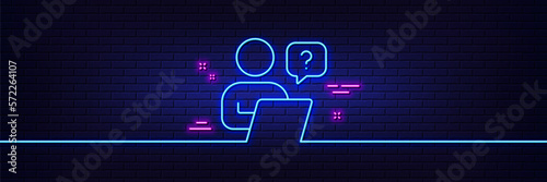 Neon light glow effect. Online question line icon. Ask help sign. Outsource support symbol. 3d line neon glow icon. Brick wall banner. Online question outline. Vector