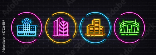 Hospital building, Buildings and Skyscraper buildings minimal line icons. Neon laser 3d lights. Arena stadium icons. For web, application, printing. Vector