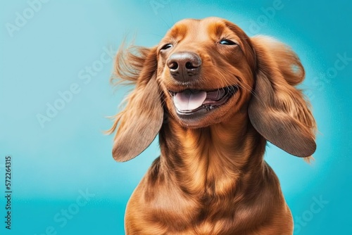 Smiling dachshund dog with happy expressionand closed eyes isolated on blue background illustration generative ai photo