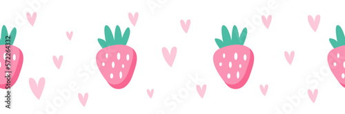 Long endless pattern with cute pink strawberries and hearts on a white background. Love theme, romance, tenderness. Kawaii design for decorative tape, wrapping paper, wallpaper, textiles, prints.