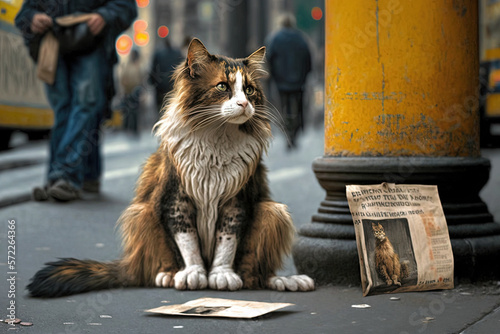 sad tramp cat in the city street begging for money illustration generative ai