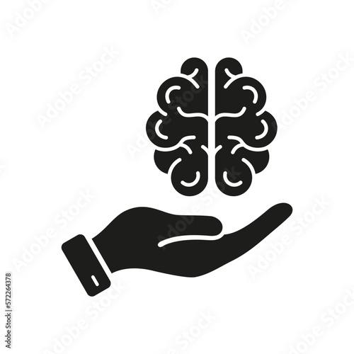 Stress, Anxiety, Bipolaric, Depression Problem Silhouette Icon. Psychology Concept, Psychiatrist's Mental Help Pictogram. Human Brain in Top View with Hand Glyph Icon. Isolated Vector Illustration