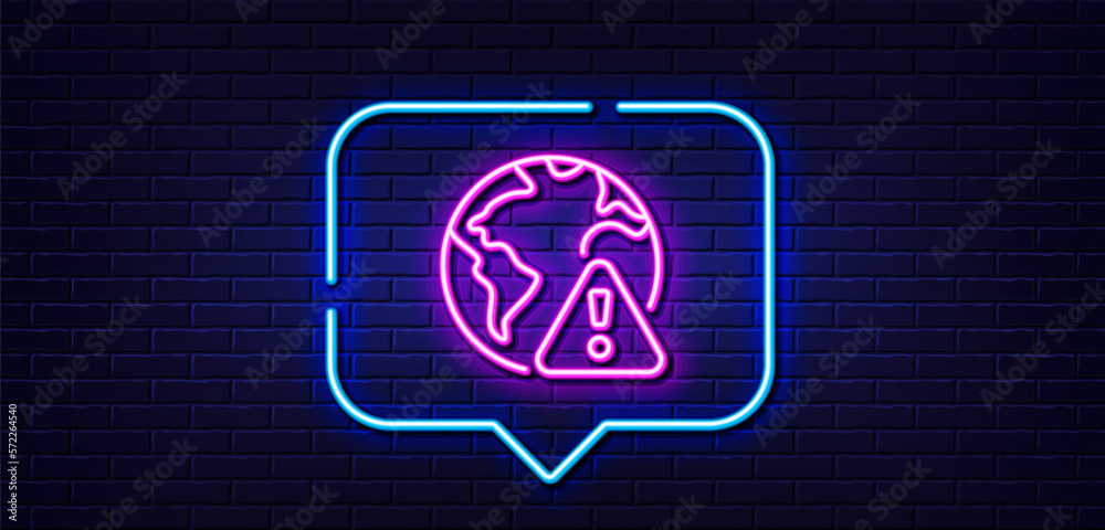 Neon light speech bubble. Internet warning line icon. Attention triangle sign. Caution alert symbol. Neon light background. Internet warning glow line. Brick wall banner. Vector Neon light speech bubble. Internet warning line icon. Attention triangle sign. Caution alert symbol. Neon light background. Internet warning glow line. Brick wall banner. Vector