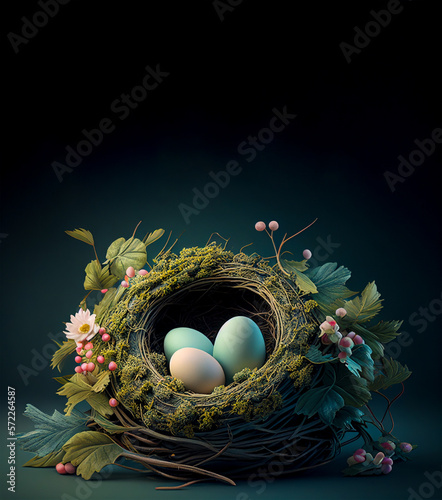 Easter eggs in nest, artsy style, pastel colors decoration with plant and flowers. Copy space on top. Generative AI illustration