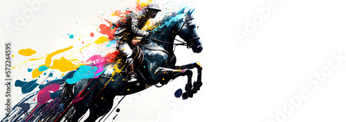 Fotografia Equestrian sport horse jump colorful splash horizontal banner on white background copy space