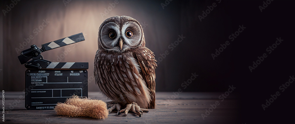 Obraz premium Animal movie audition owl cute pet portrait with clapperboard, funny realistic acting character, horizontal copy space. Generative AI