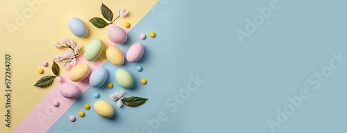 Happy Easter graphic background, eggs and flowers decoration on azure pink and yellow horizontal banner copy space. generative ai illustration photo