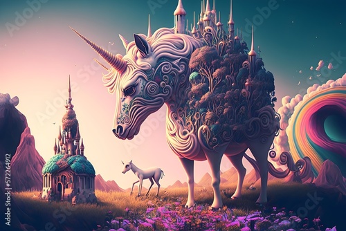 Psychedelic Unicorn in Heaven. Dreamy Landscape