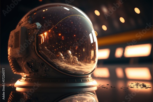 Abstract portrait of cosmonaut that is in the space suit. Broken station in the reflection of the glass. Generative AI