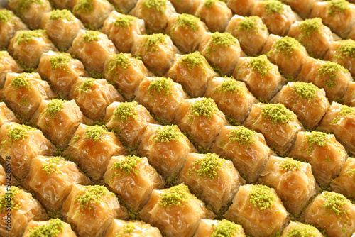 Baklava with pistachio, Turkish traditional dessert close up